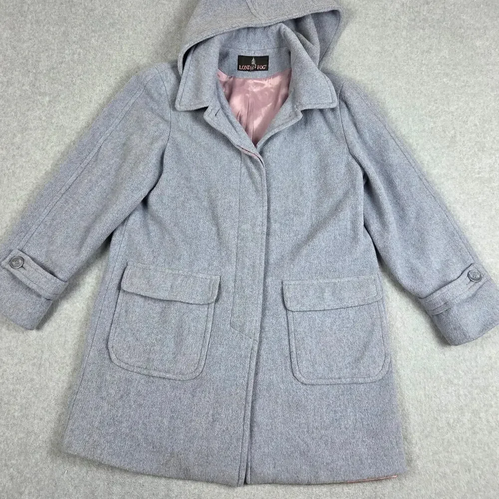 London Fog Size 10 Blue-Gray Wool Button Down Car Coat Detachable Hood